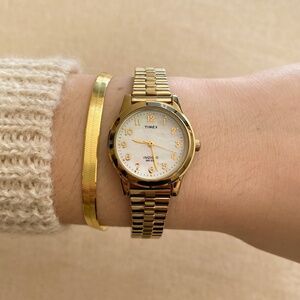 Vintage 1990's Inspired Timex Mother of Pearl White Watch Face with Gold Plated